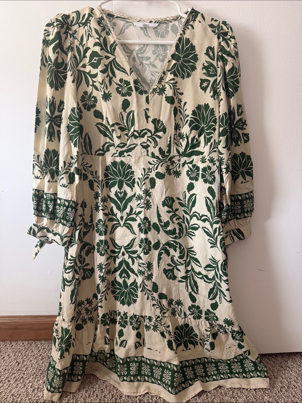 Time and Tru Cream Midi Dress with Dark Green Floral Print
